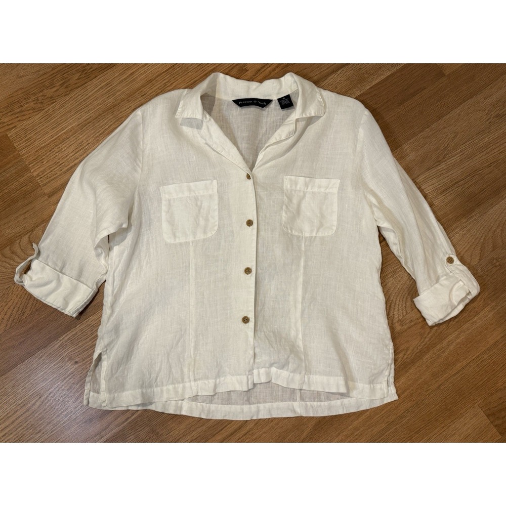 Preston & York Shirt 100 % Linen Button Front White Collar Roll Sleeve Sz 10 Top